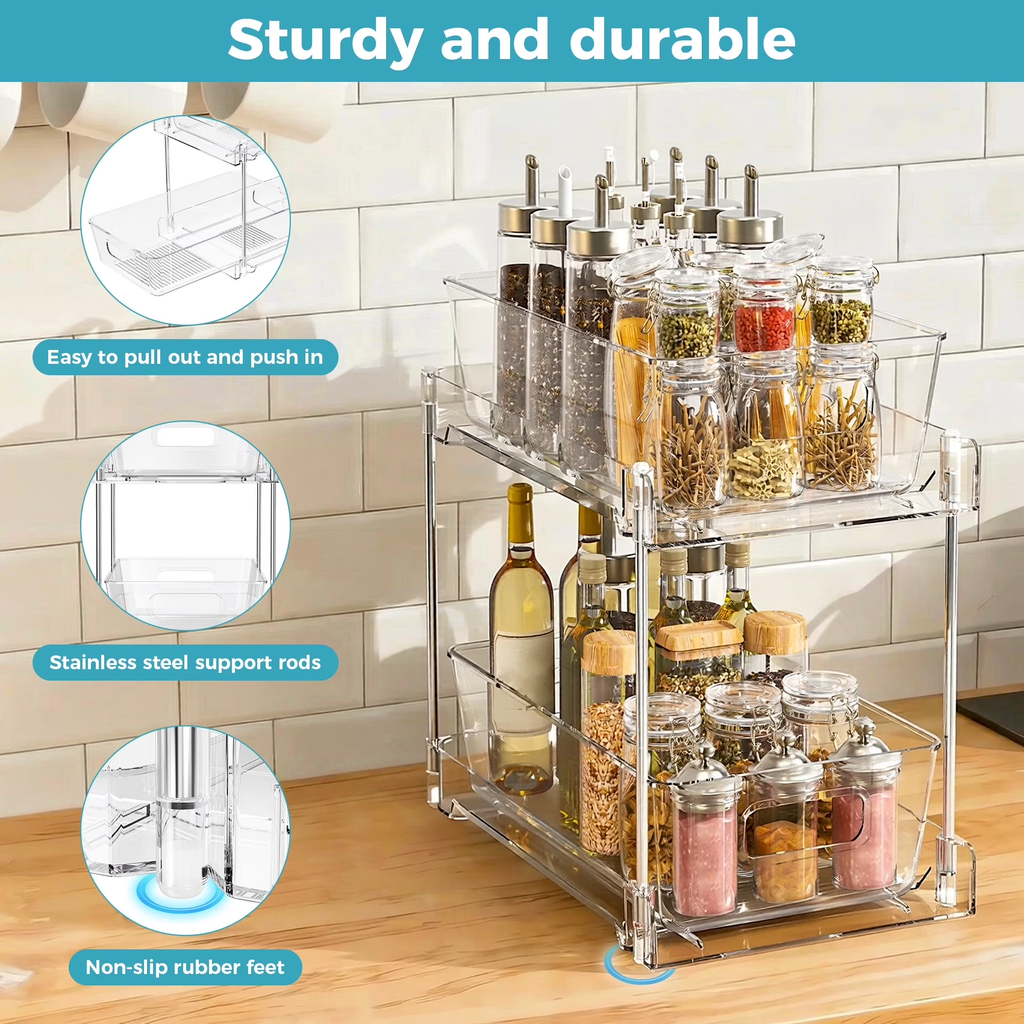 2 Pack Clear Plastic Pull Out Under Sink Organizer and Storage, 2-Tier Sliding Cabinet Drawer Bins for Bathroom, Kitchen and Pantry Organization