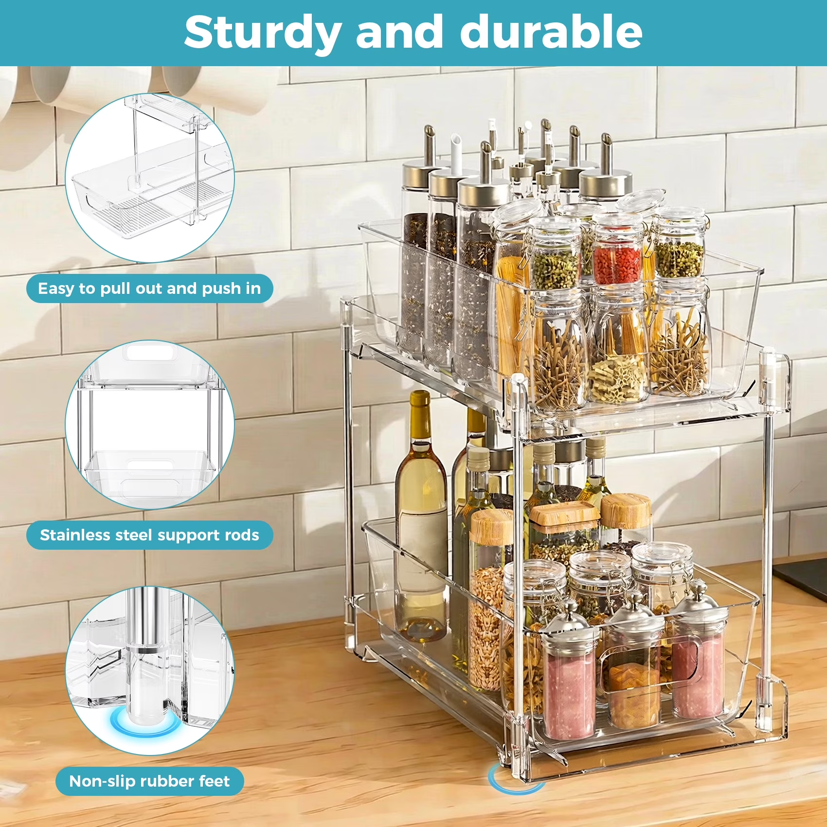 2 Pack Clear Plastic Pull Out Under Sink Organizer and Storage, 2-Tier Sliding Cabinet Drawer Bins for Bathroom, Kitchen and Pantry Organization