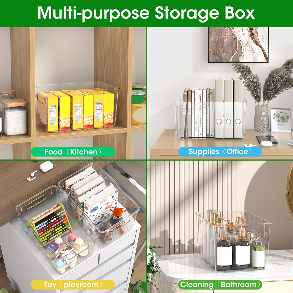8 Pack Large Clear Plastic Storage Bins with Handles, Stackable Organizer Bins for Fridge, Pantry, Kitchen, Non-Slip Bottom Storage Containers