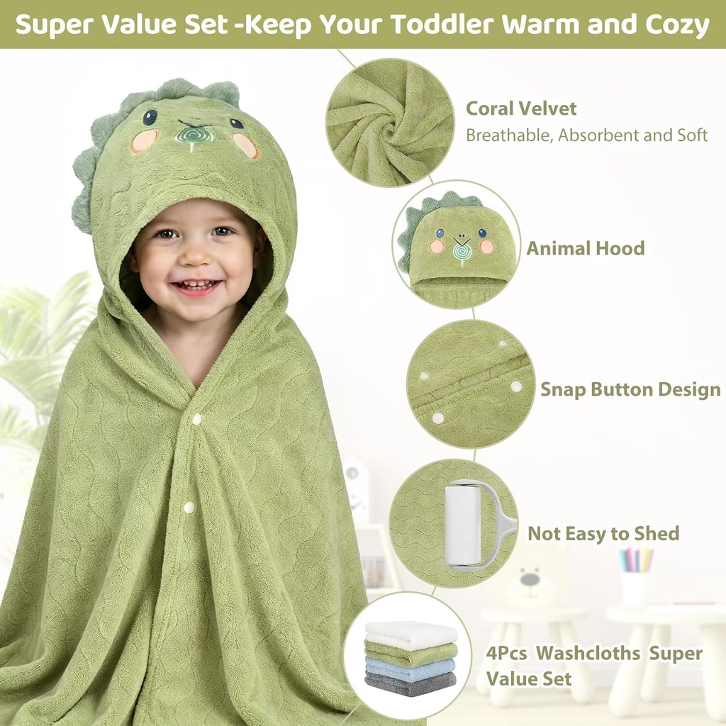 6 Pcs Toddler Bath Towel Set for Boy Girl 0-5 Year, 2 Thick Absorbent Hooded Baby Bath Towels Large 55" x 27.5" & 4 Washcloths, Gifts for Infant, Toddler, Kids, Dinosaur & Elephant