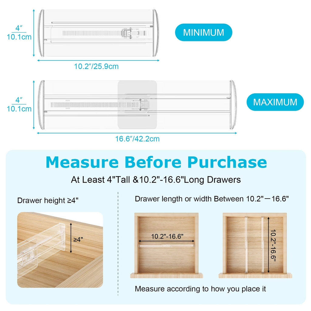 12 Pack Adjustable Drawer Dividers, 4" High Expandable from 10.2"-16.6" Plastic Separators for Kitchen, Bedroom, Closet and Office Storage Organizer