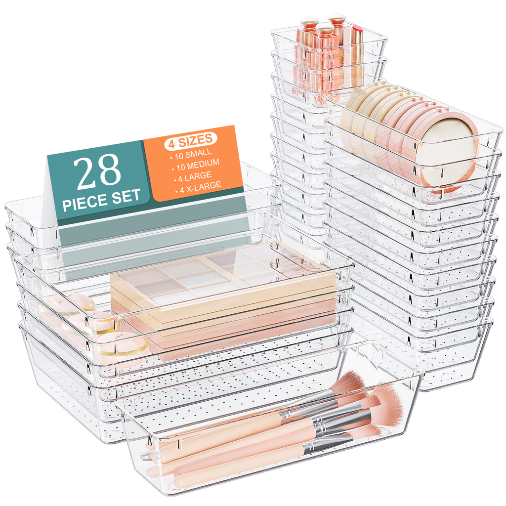 28 PCS Plastic Drawer Organizers Set, 4 Size Clear Vanity Organizer, Stackable Desk Organizers for Cosmetics, Jewelry, Utensils, Pencils in Bedroom, Bathroom, Kitchen