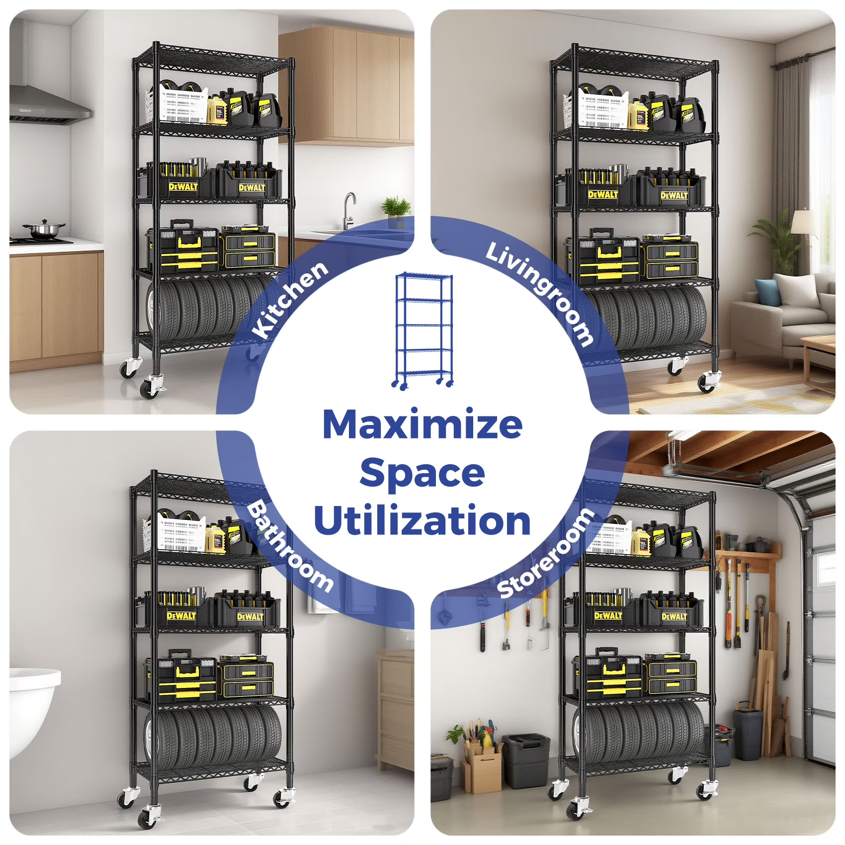 2 pack 5-Tier Adjustable Storage Shelves Metal Shelving Heavy Duty Steel Wire Rack Organizer for Kitchen, Bathroom, Garage, 14"D x 30"W x 60"H Wire Shelving Unit, Black