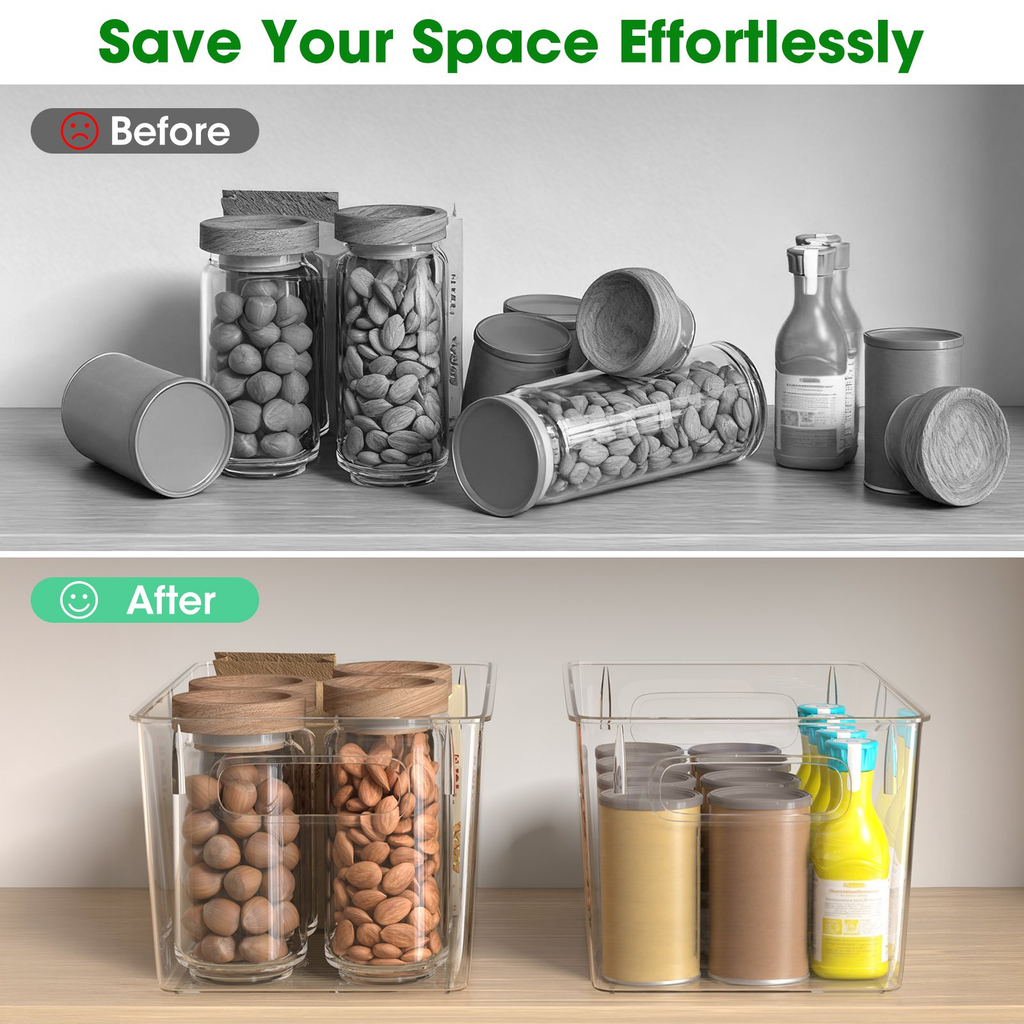 8 Pack Large Clear Plastic Storage Bins with Handles, Stackable Organizer Bins for Fridge, Pantry, Kitchen, Non-Slip Bottom Storage Containers