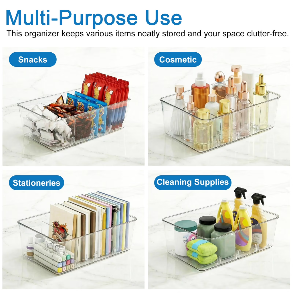6 Pack Clear Plastic 4-Compartment Food Storage Bins, Pantry Organizer for Snacks, Fruits, Vegetables, Tea Bags and Spice Packets