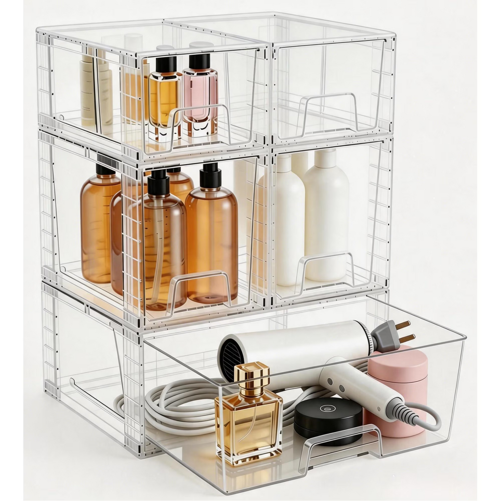 5 Pack Stackable Drawers Storage, Clear Organizer Bins Transparent Storage Containers, Bathroom Kitchen Makeup Countertop Cabinet Under-Sink Organization