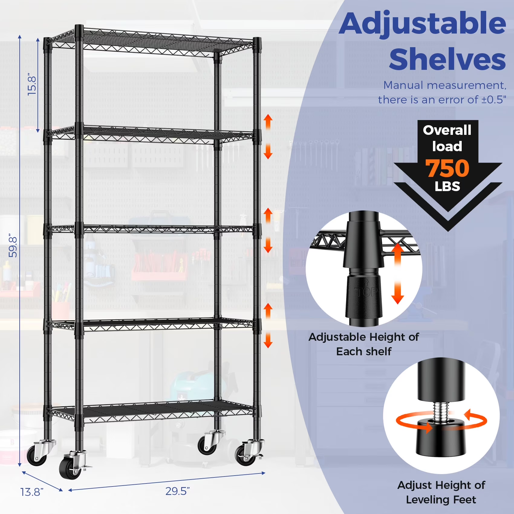 2 pack 5-Tier Adjustable Storage Shelves Metal Shelving Heavy Duty Steel Wire Rack Organizer for Kitchen, Bathroom, Garage, 14"D x 30"W x 60"H Wire Shelving Unit, Black