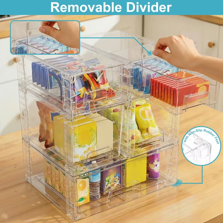 5 Pack Stackable Drawers Storage, Clear Organizer Bins Transparent Storage Containers, Bathroom Kitchen Makeup Countertop Cabinet Under-Sink Organization