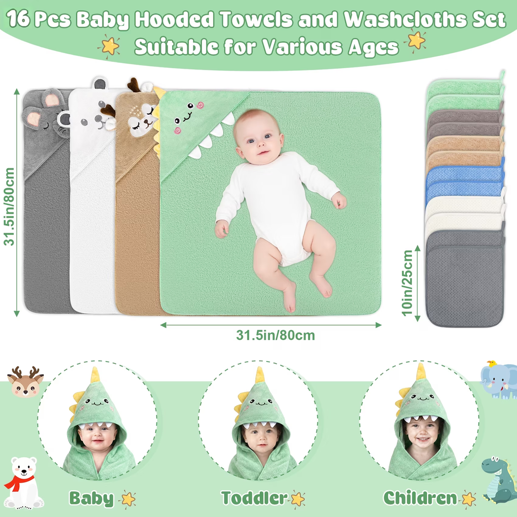 16 Pcs Baby Towels, 4 Pcs Soft Hooded Towels & 12 Pcs Washcloths, Baby Bath Towels for Newborns, Infants & Toddlers- Ultra Absorbent, Cute Towel Gift for Boys