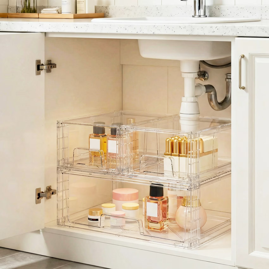 3 Pack Stackable Drawers Storage , Clear Organizer Bins Transparent Storage Containers, Makeup Bathroom Kitchen Countertop Cabinet Under-Sink Organization