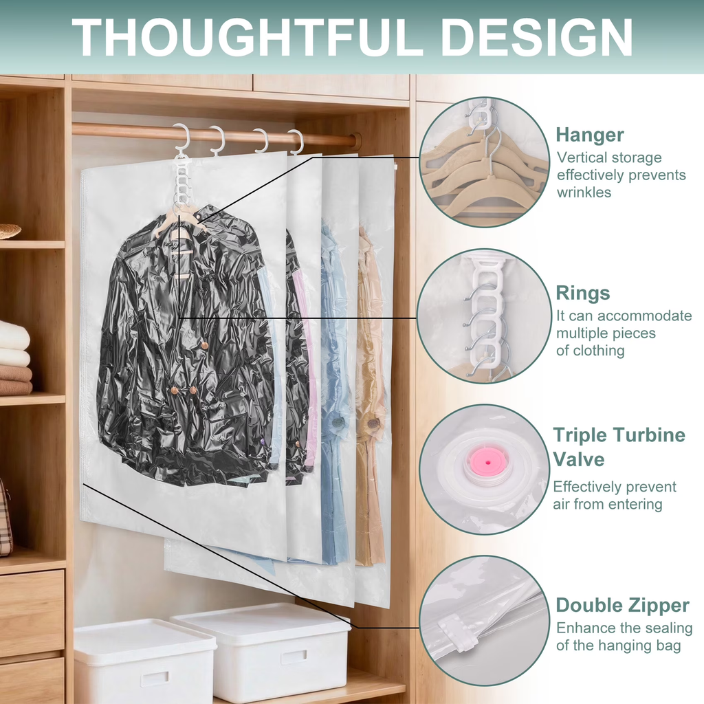 Hanging Vacuum Storage Bag with Electric Pump, 4PCS (2 Jumbo/2 Large) Space Saver Bags Closet Organizer, Vacuum Garment Bag for Hanging Clothes to Reduce Wrinkles for Suits, Jackets and Bedding