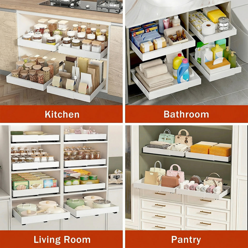 2 Pcs Expandable (13''-19'') Pull Out Cabinet Organizer，21" Deep Pull Out Drawers for Kitchen, Bathroom,Pantry, Under Sink Storage, Heavy Duty Slide Out Drawers Upgraded 3 Slide Rails (White)