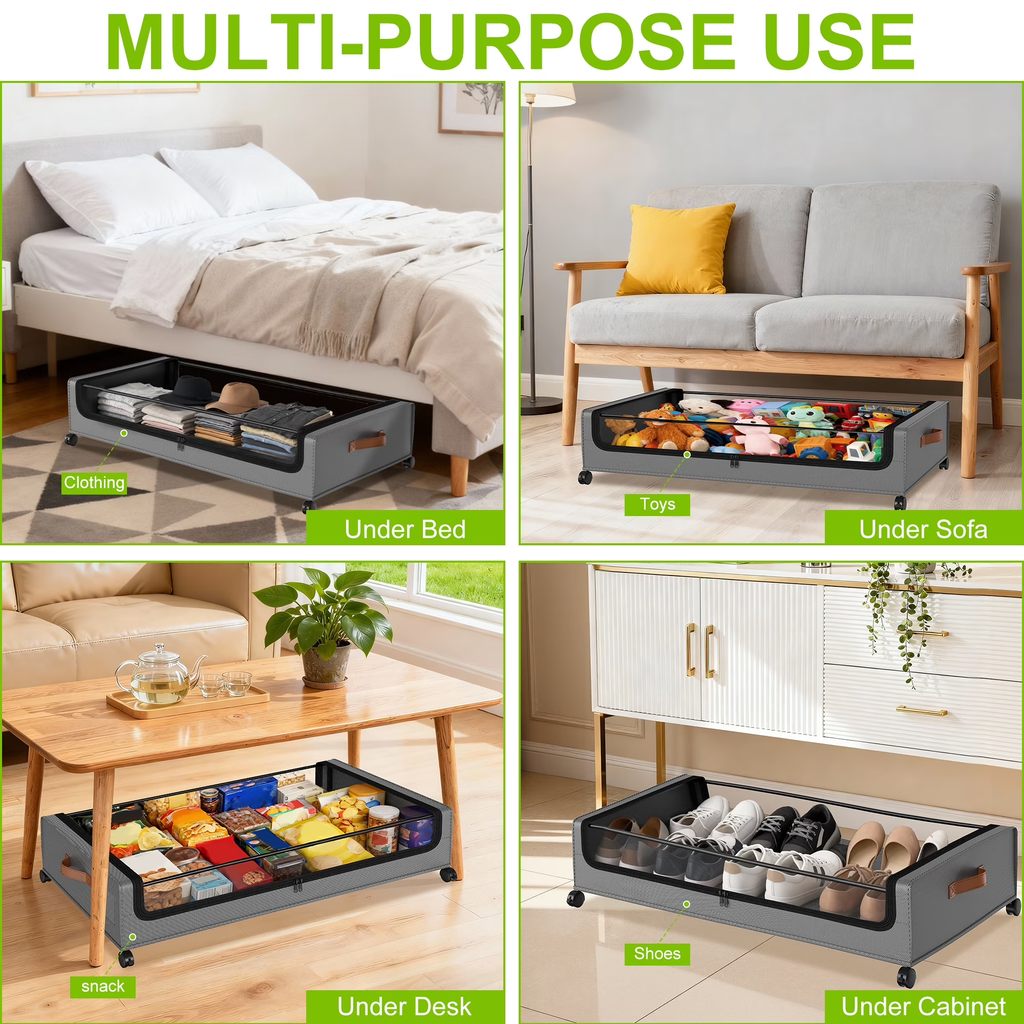 2 Pack Rolling Metal Under Bed Storage with Wheels, Collapsible Container with Clear Lid & Label, Large Capacity for Clothes, Shoes, Toys & Bedding