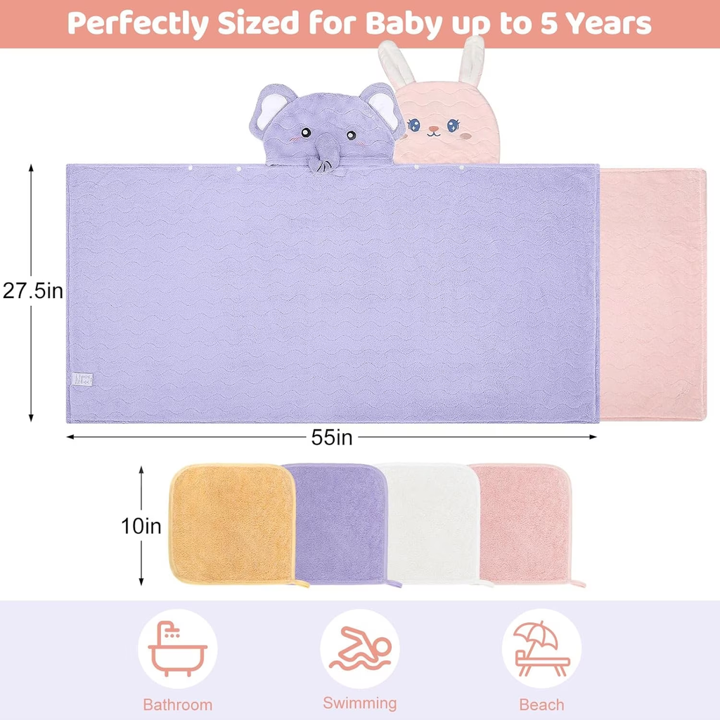 6 Pcs Toddler Bath Towels Set for Boy Girl 0-5 Year, 2P Thick Absorbent Hooded Baby Bath Towels Large 55" x 27.5" & 4P Washcloths, Ultra Soft Gifts for Infant Toddler Kids, Rabbit & Elephant