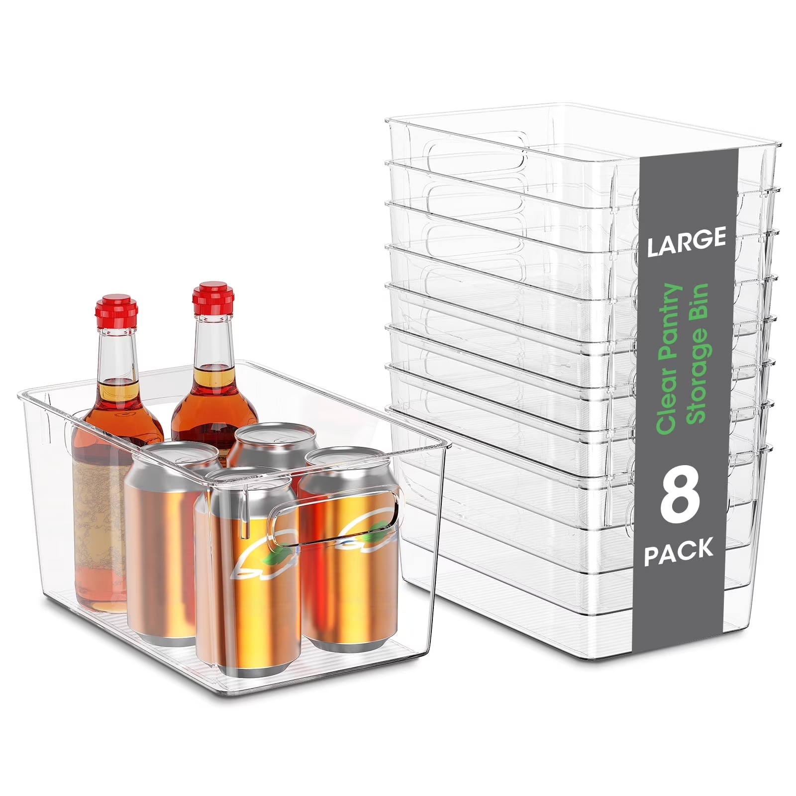 8 Pack Large Clear Plastic Storage Bins with Handles, Stackable Organizer Bins for Fridge, Pantry, Kitchen, Non-Slip Bottom Storage Containers