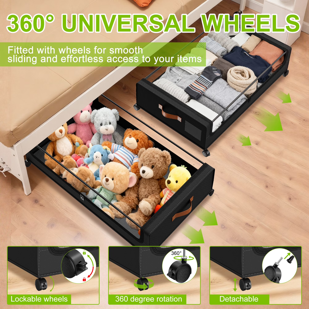 2 Pack Large Capacity Under Bed Storage with Wheels, Collapsible Container with Clear Lid & Label, Storage for Clothes, Shoes, Toys & Bedding