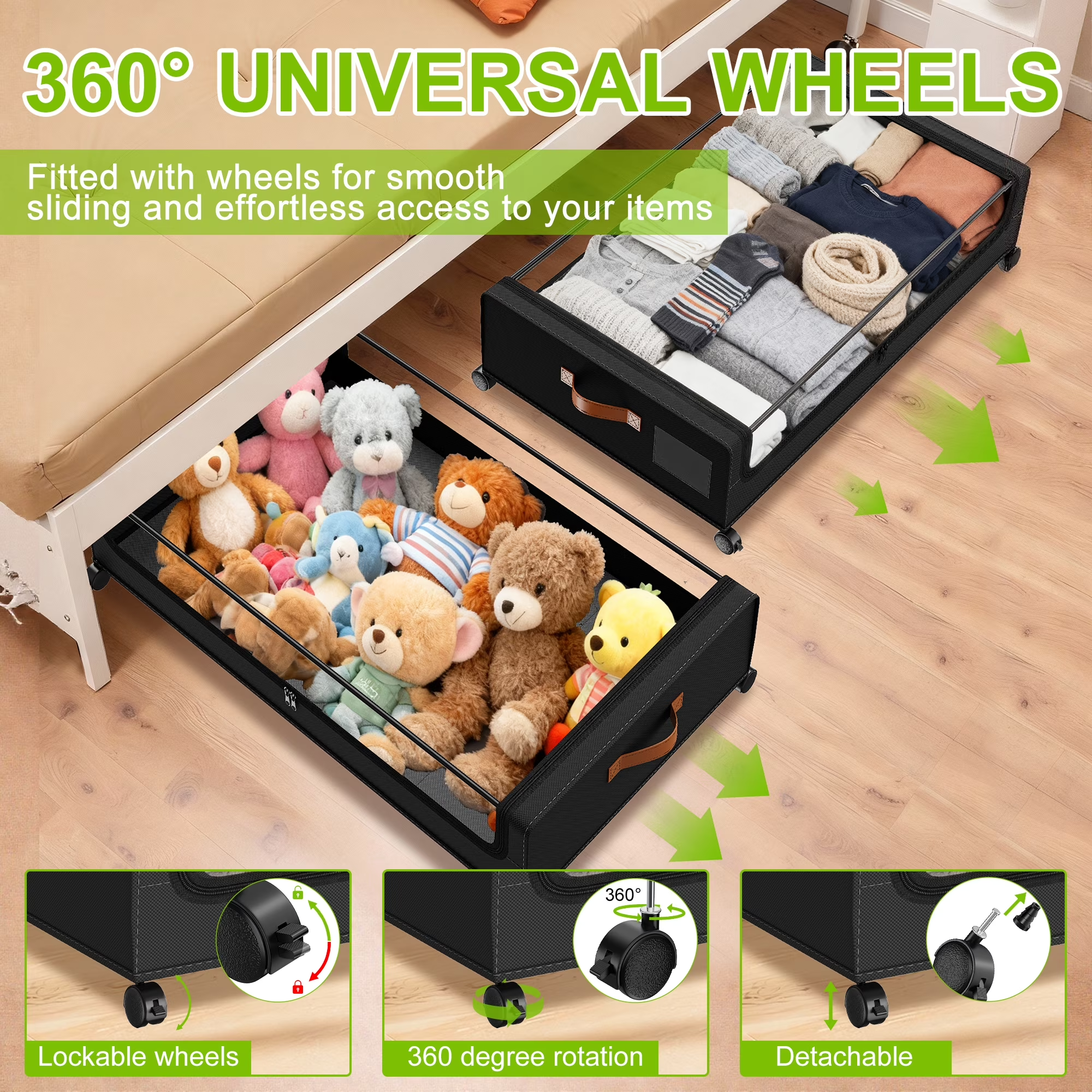 2 Pack Large Capacity Under Bed Storage with Wheels, Collapsible Container with Clear Lid & Label, Storage for Clothes, Shoes, Toys & Bedding