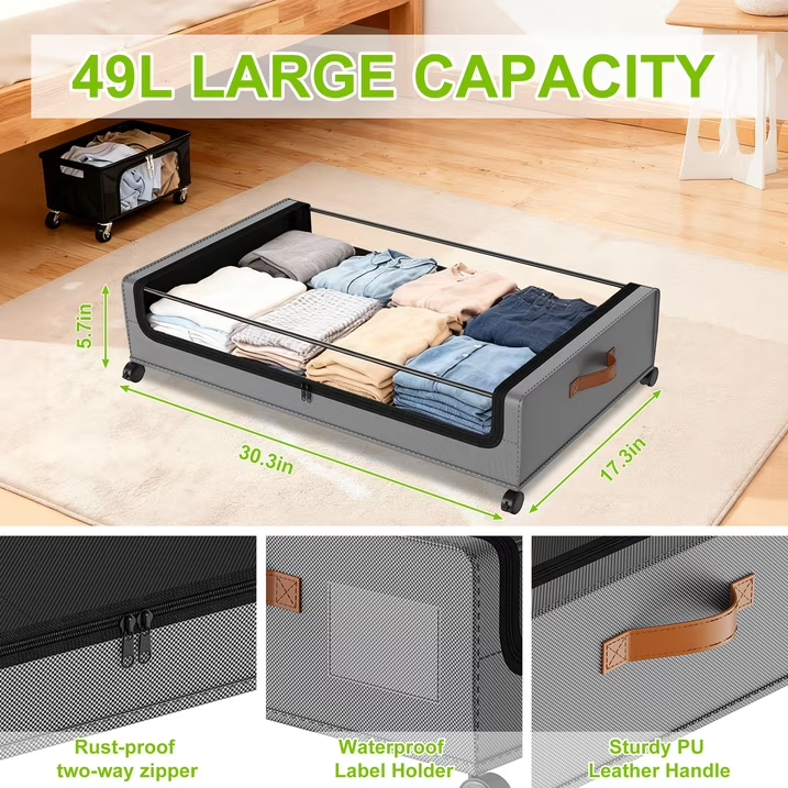 2 Pack Rolling Metal Under Bed Storage with Wheels, Collapsible Container with Clear Lid & Label, Large Capacity for Clothes, Shoes, Toys & Bedding
