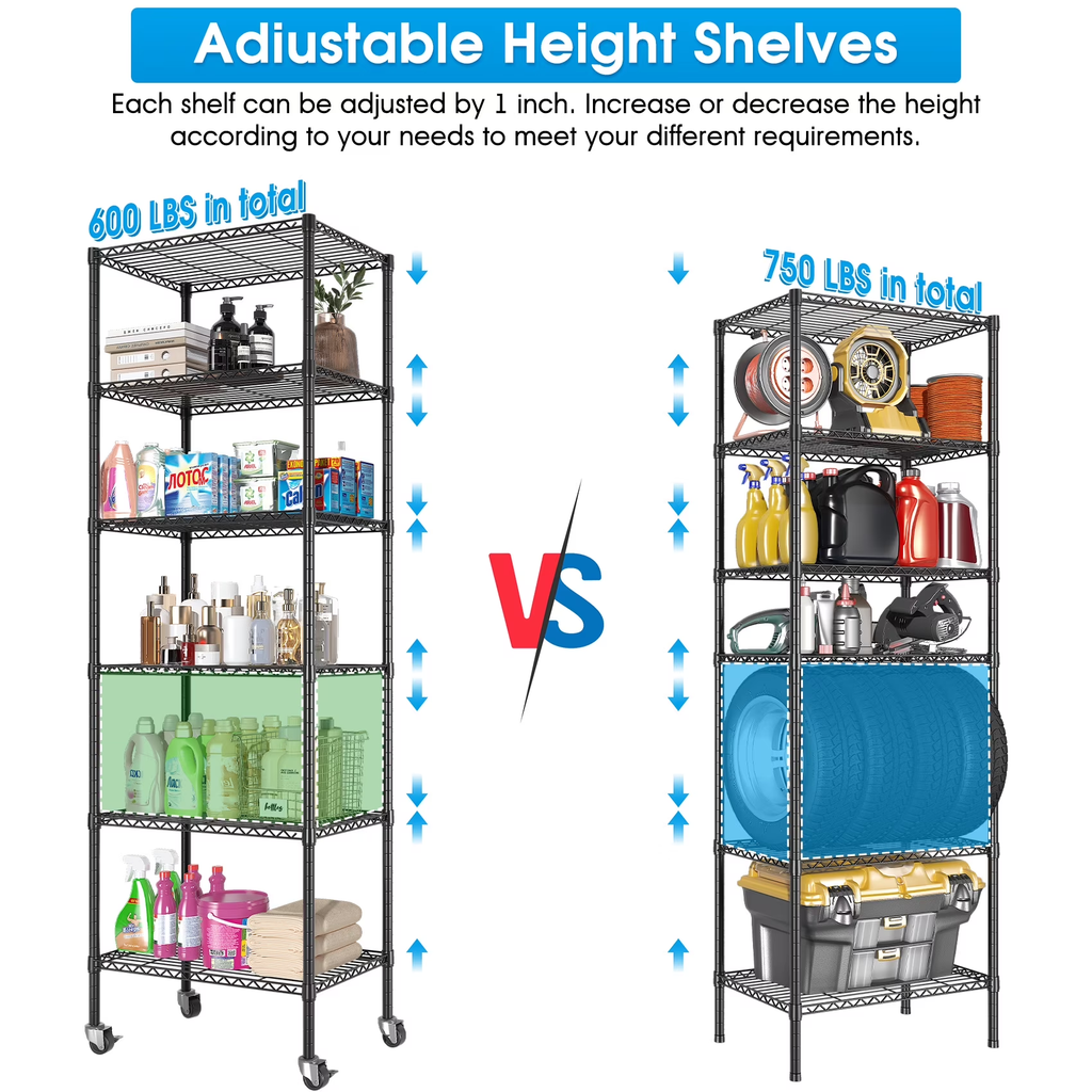 6-Shelf Adjustable Space-Saving Design Wire Shelving with Wheels, 750lbs Heavy Duty Metal Shelves, Powder-Coated Steel Storage Shelves for Storage, Garage Closet & Kitchen, Black