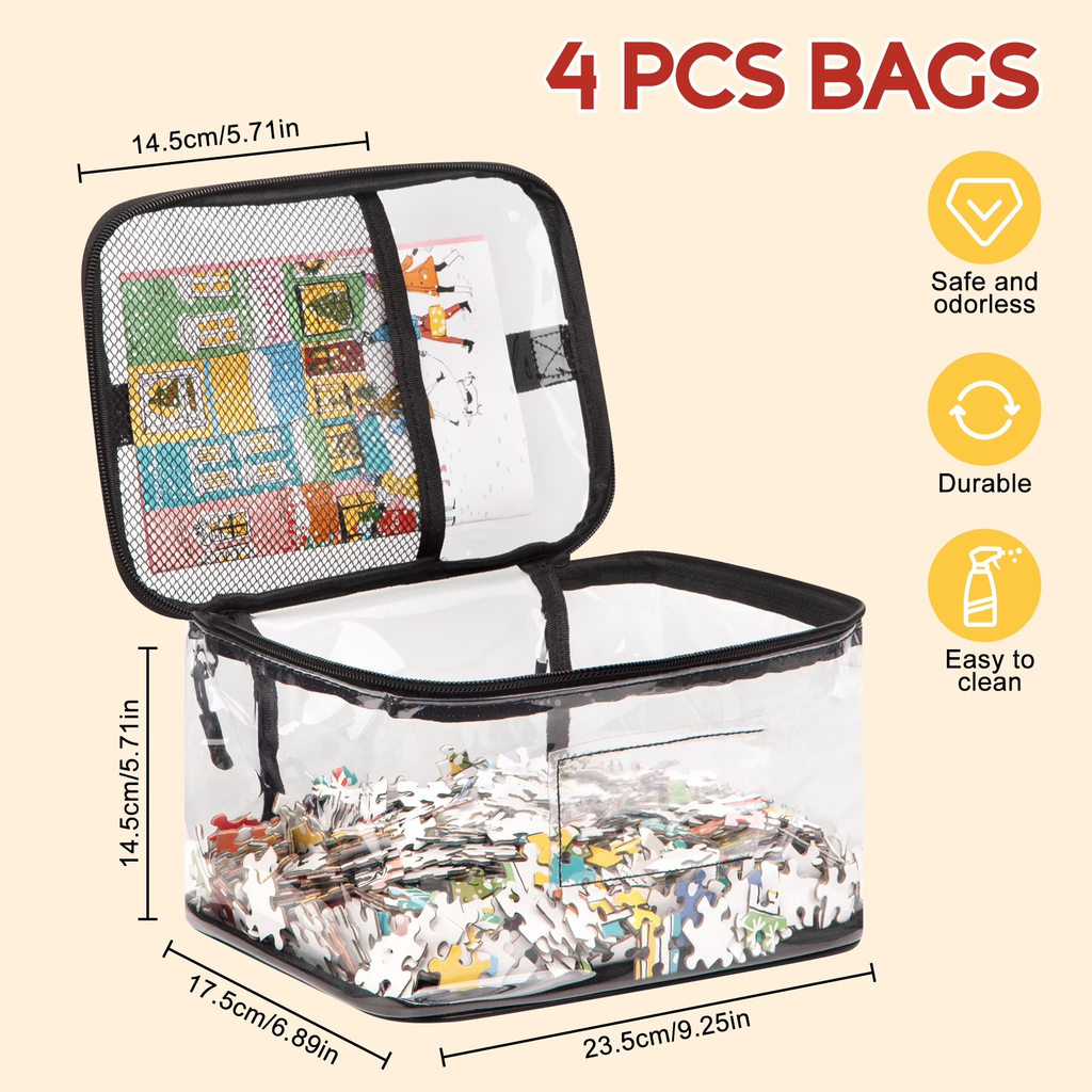 4 Pack Clear Toy Storage Bags with Name Tag, Totes for Doll Storage, Reusable Toy Organizer for Lego Bricks, Board Games, Building