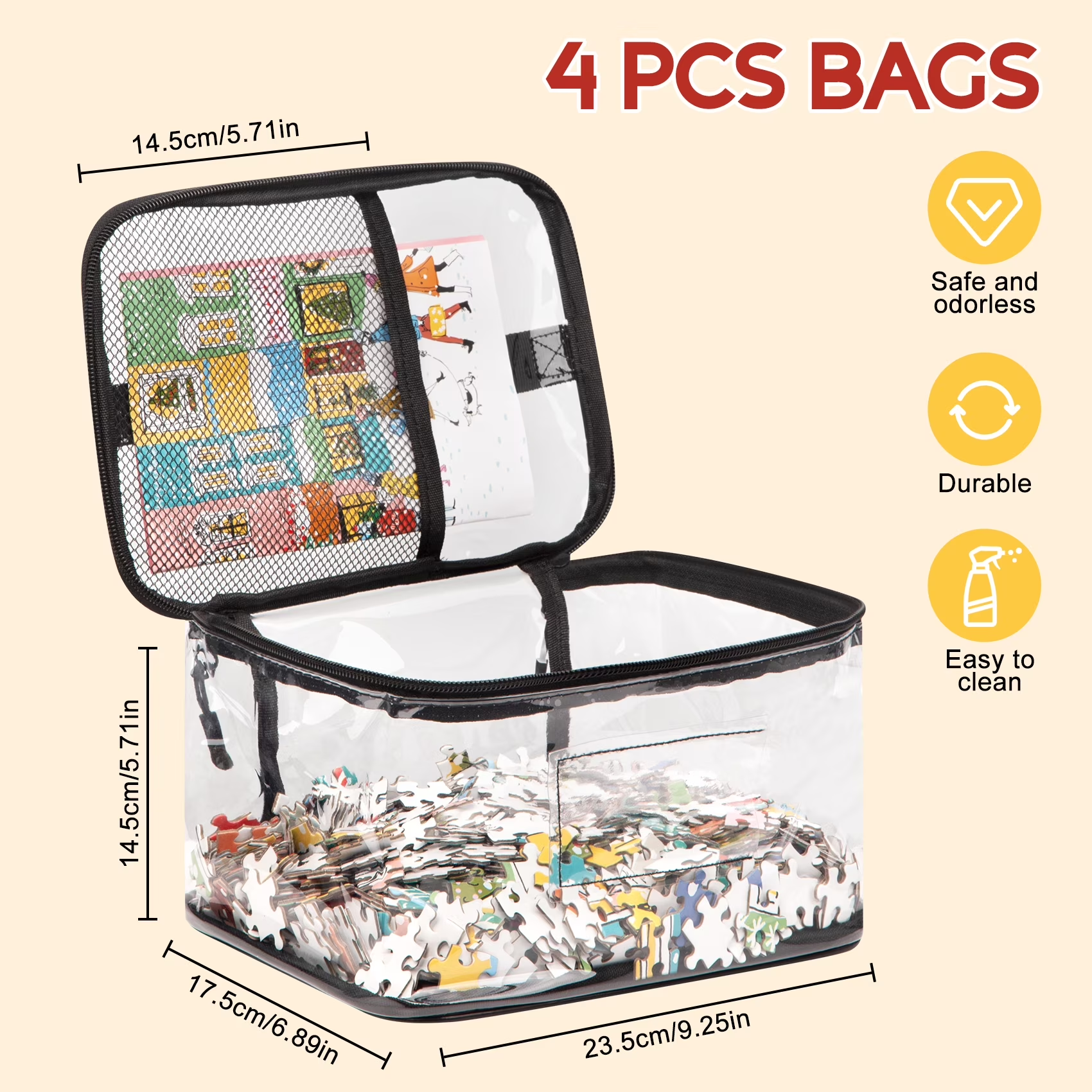 4 Pack Clear Toy Storage Bags with Name Tag, Totes for Doll Storage, Reusable Toy Organizer for Lego Bricks, Board Games, Building