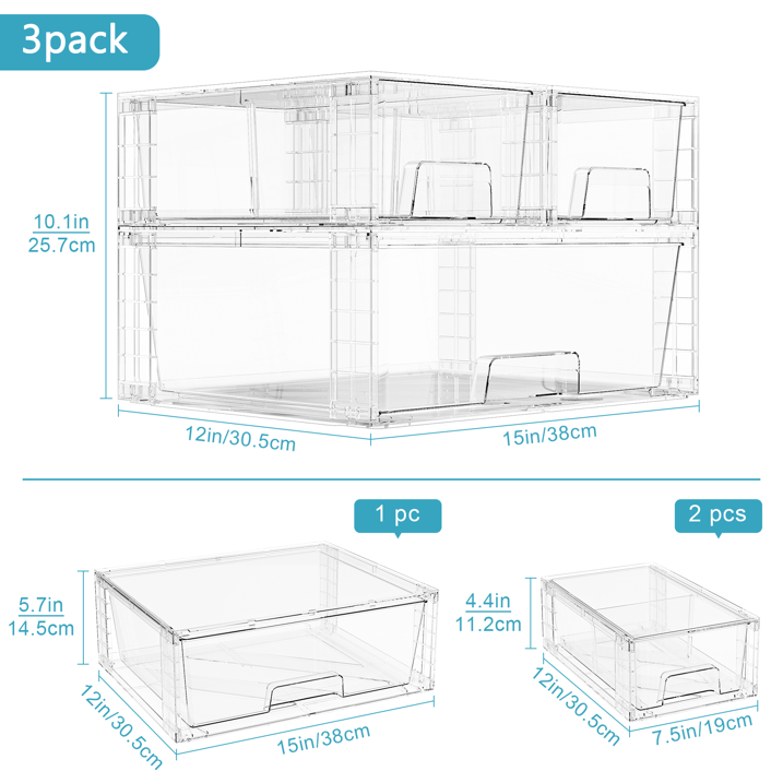 3 Pack Stackable Drawers Storage , Clear Organizer Bins Transparent Storage Containers, Makeup Bathroom Kitchen Countertop Cabinet Under-Sink Organization