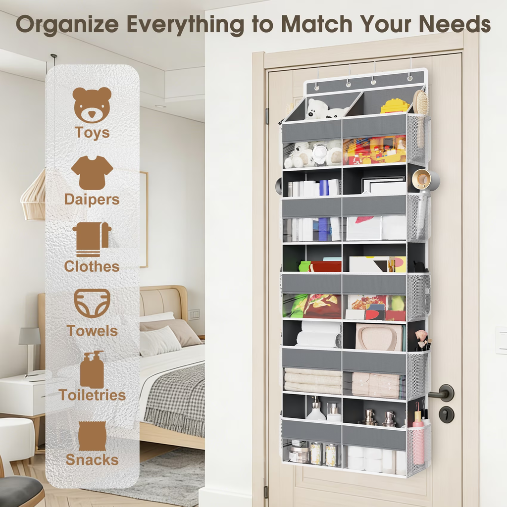 5 Tier Over The Door Organizer Storage, 10 Compartments & 10 Mesh Pockets, 88lbs Heavy Duty Hanging Storage Organizer for Shoes Clothes Snacks