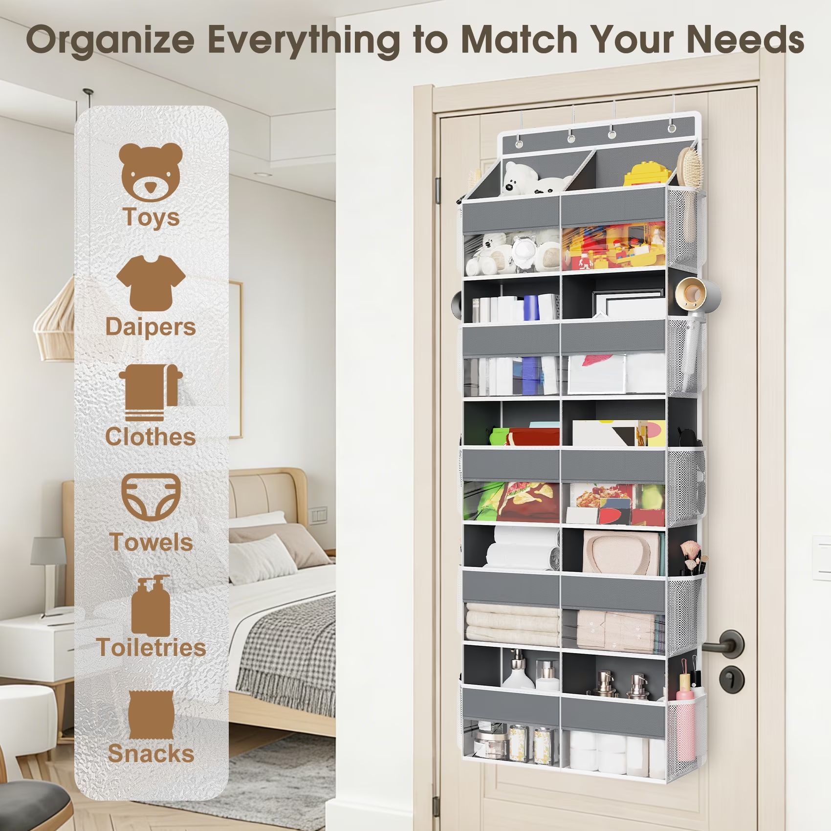 5 Tier Over The Door Organizer Storage, 10 Compartments & 10 Mesh Pockets, 88lbs Heavy Duty Hanging Storage Organizer for Shoes Clothes Snacks
