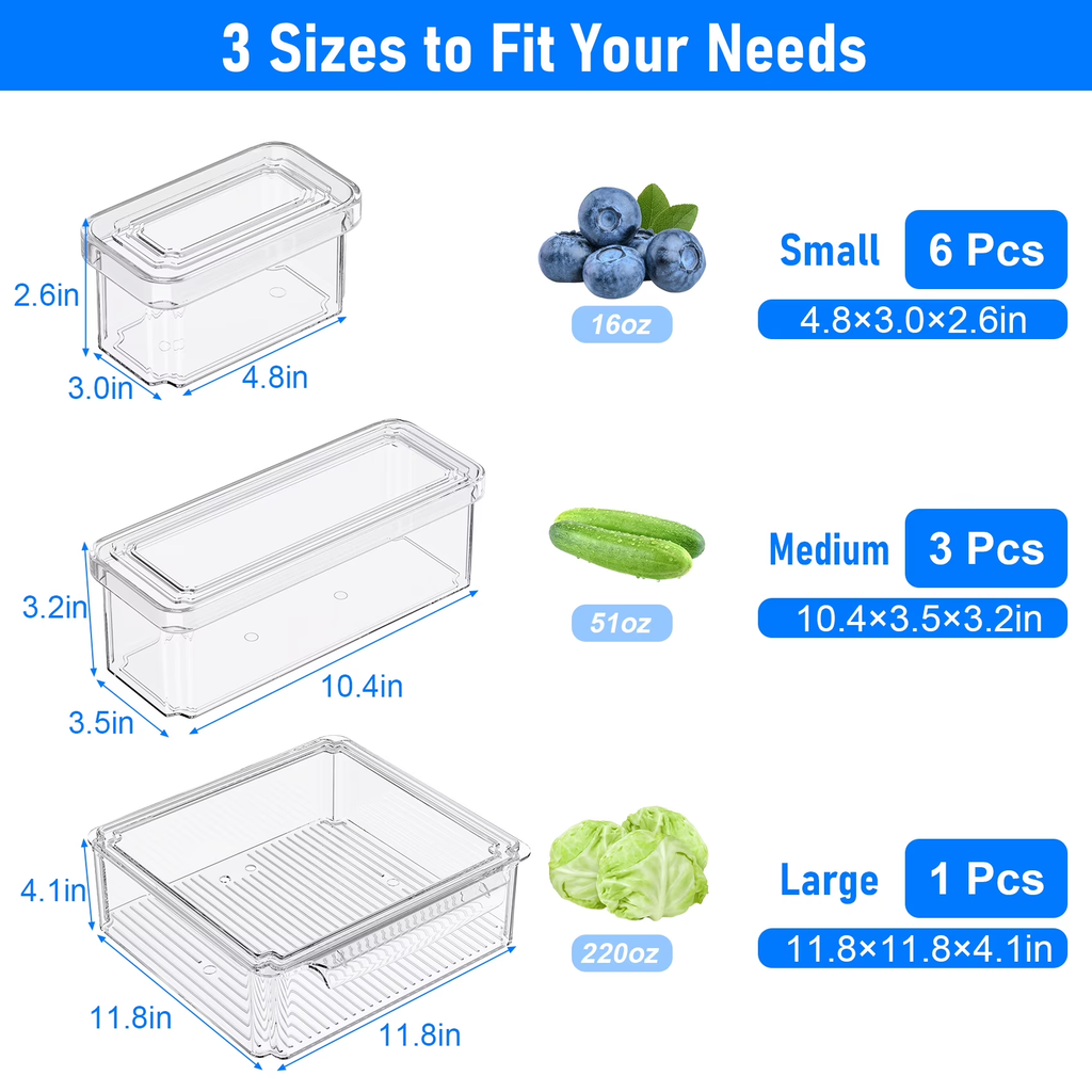 10 Pack Clear Fridge Storage Bins with Lids, Stackable Food Containers with Curved Handle, Kitchen Produce Saver for Fruits, Vegetables and Meat
