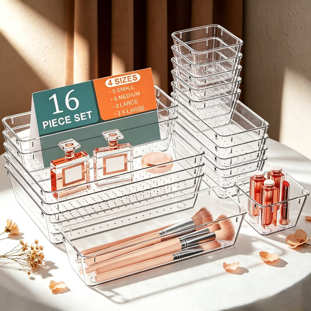 16 PCS Clear Plastic Drawer Organizer Set, 4 Sizes for Kitchen, Bathroom, Bedroom, Makeup, Jewelry, Gadgets, Desk Organizers