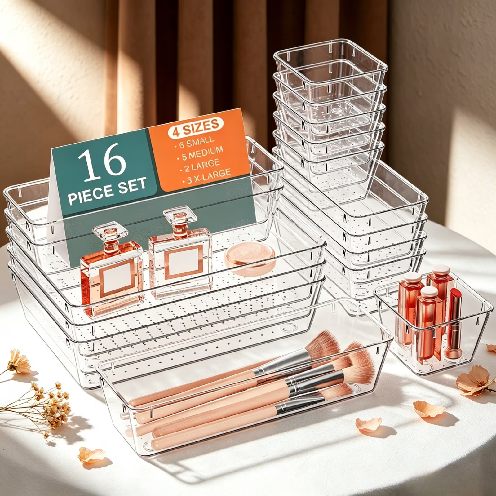 16 PCS Clear Plastic Drawer Organizer Set, 4 Sizes for Kitchen, Bathroom, Bedroom, Makeup, Jewelry, Gadgets, Desk Organizers