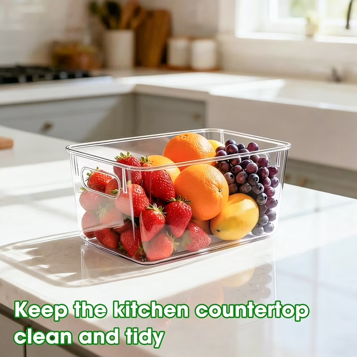 8 Pack Large Clear Plastic Storage Bins with Handles, Stackable Organizer Bins for Fridge, Pantry, Kitchen, Non-Slip Bottom Storage Containers
