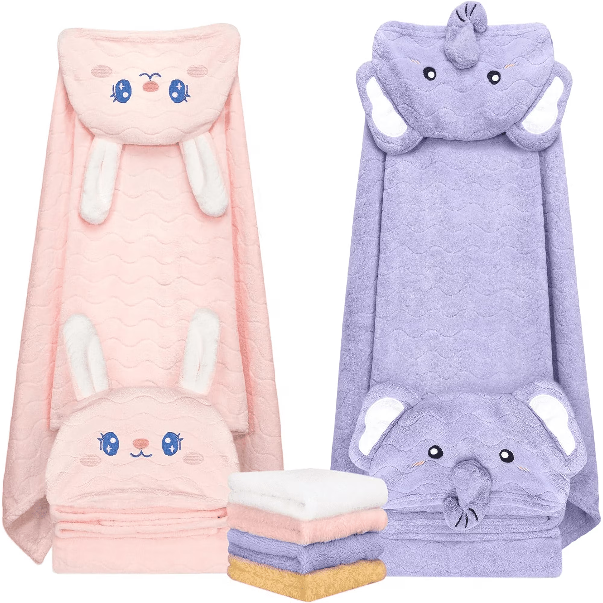 6 Pcs Toddler Bath Towels Set for Boy Girl 0-5 Year, 2P Thick Absorbent Hooded Baby Bath Towels Large 55" x 27.5" & 4P Washcloths, Ultra Soft Gifts for Infant Toddler Kids, Rabbit & Elephant