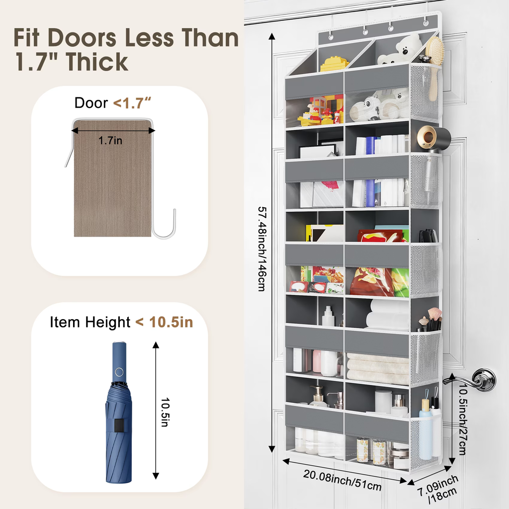 5 Tier Over The Door Organizer Storage, 10 Compartments & 10 Mesh Pockets, 88lbs Heavy Duty Hanging Storage Organizer for Shoes Clothes Snacks