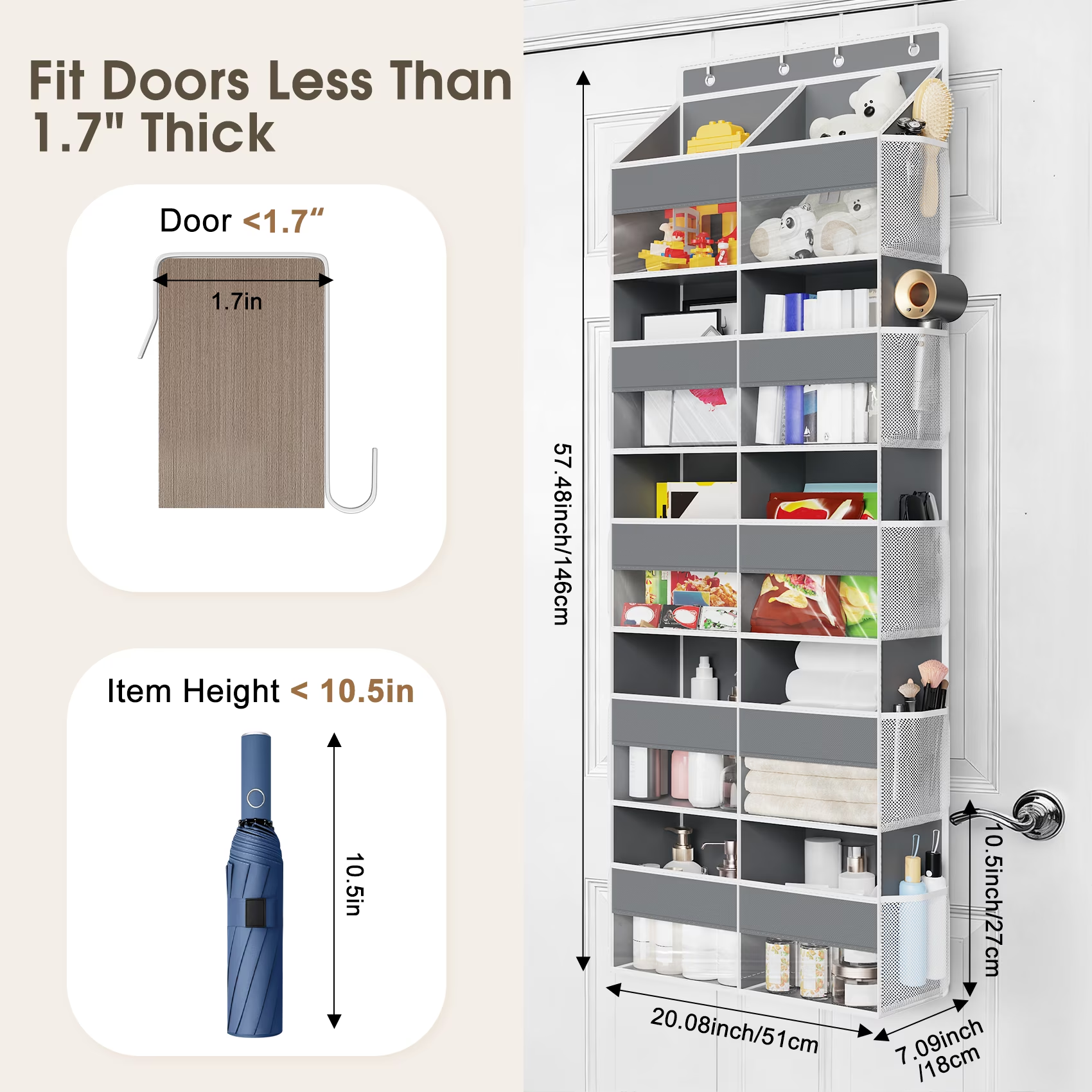 5 Tier Over The Door Organizer Storage, 10 Compartments & 10 Mesh Pockets, 88lbs Heavy Duty Hanging Storage Organizer for Shoes Clothes Snacks