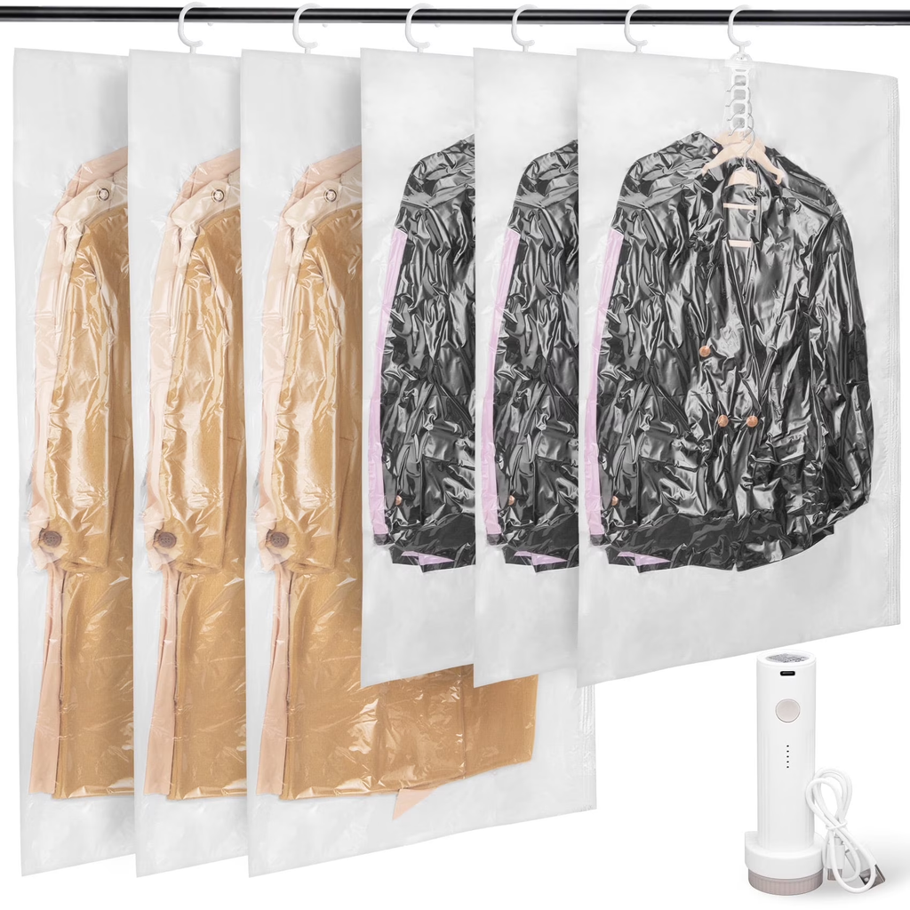 Hanging Vacuum Storage Bag with Electric Pump, 6PCS (3 Jumbo/3 Large) Space Saver Bags Closet Organizer, Vacuum Garment Bags for Hanging Clothes to Reduce Wrinkles for Suits, Jackets and Bedding