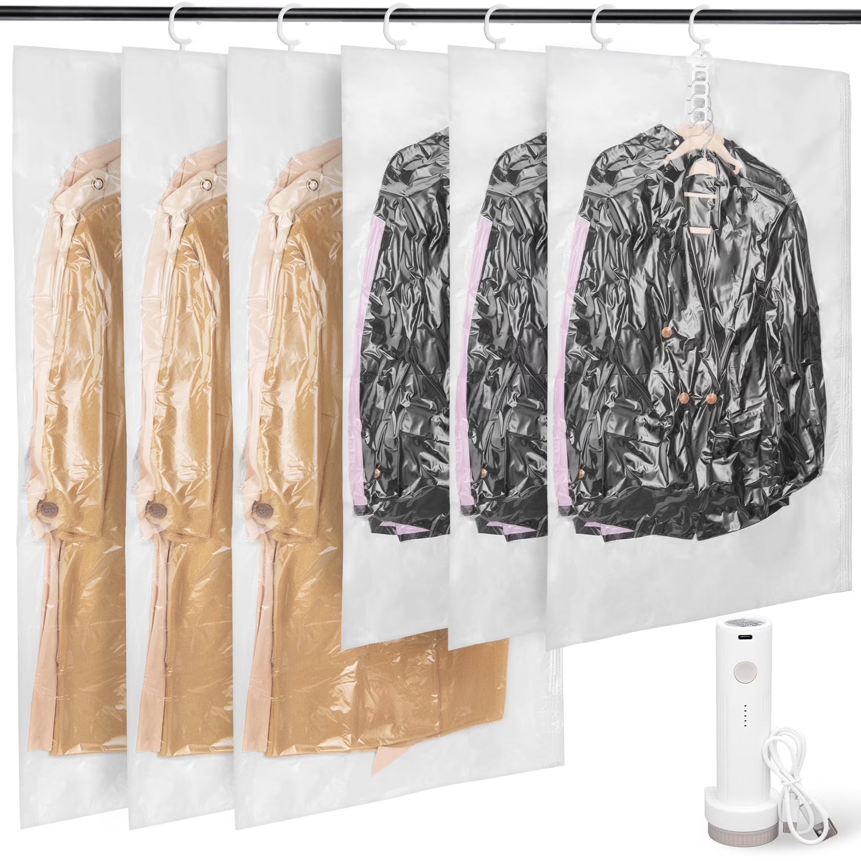 Hanging Vacuum Storage Bag with Electric Pump, 6PCS (3 Jumbo/3 Large) Space Saver Bags Closet Organizer, Vacuum Garment Bags for Hanging Clothes to Reduce Wrinkles for Suits, Jackets and Bedding