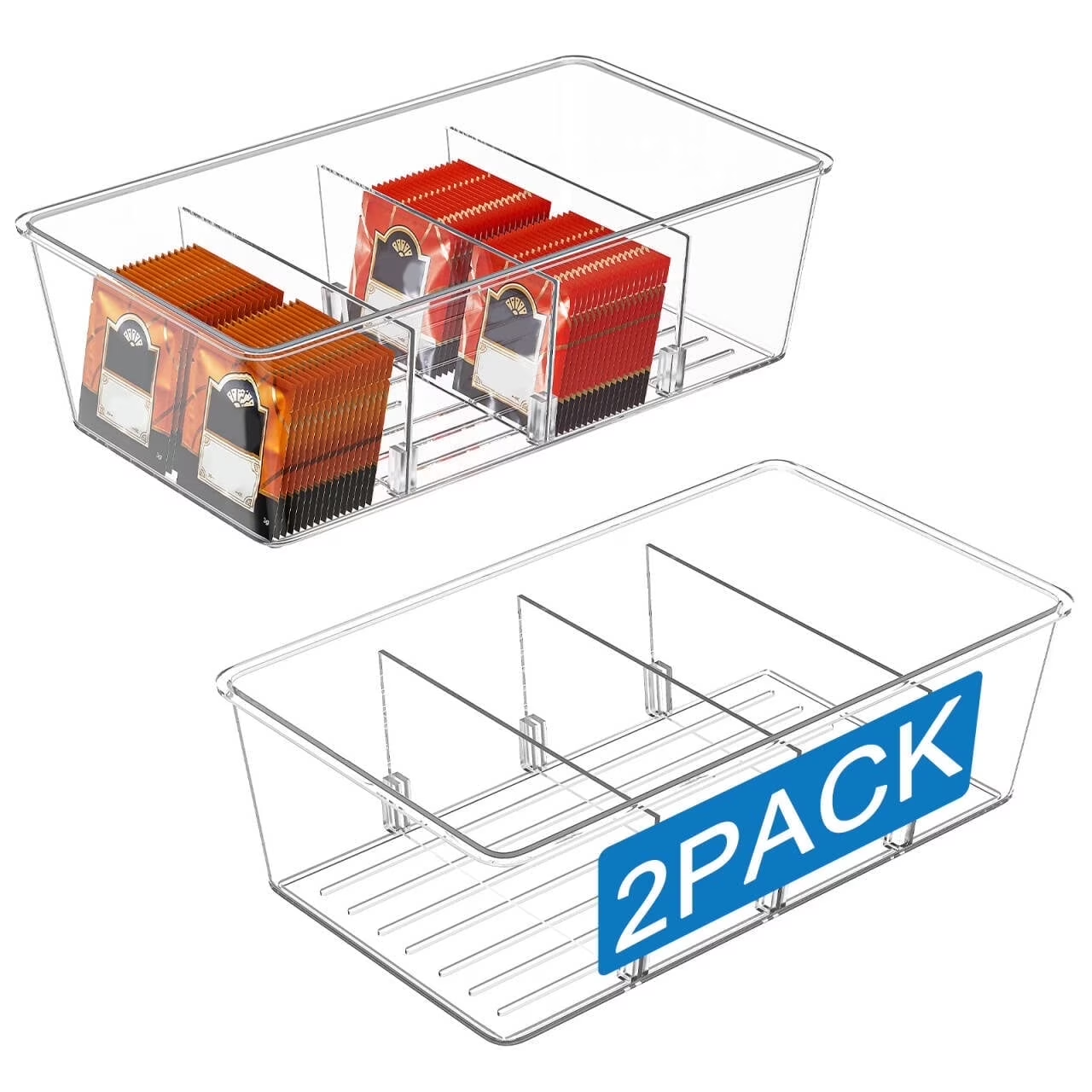 Clear Plastic 4-Compartment Food Storage Bins, 2 Pack Pantry Organizer for Snacks, Fruits, Vegetables, Tea Bags and Spice Packets