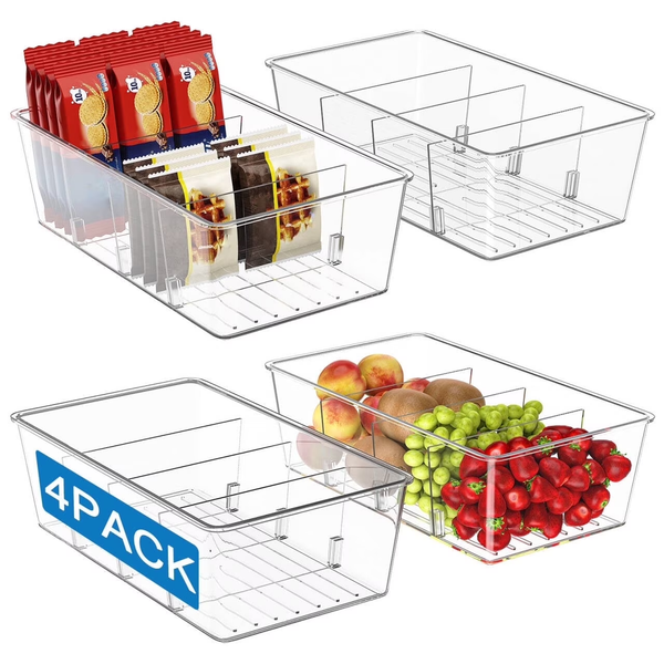 4 Pack Clear Plastic 4-Compartment Food Storage Bins, Pantry Organizer for Snacks, Fruits, Vegetables, Tea Bags and Spice Packets