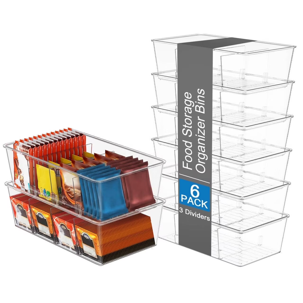 6 Pack Clear Plastic 4-Compartment Food Storage Bins, Pantry Organizer for Snacks, Fruits, Vegetables, Tea Bags and Spice Packets