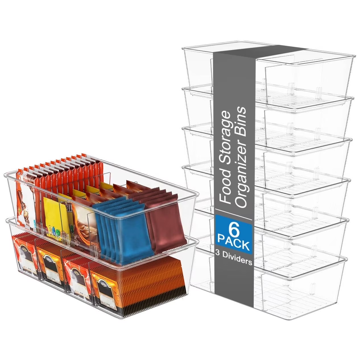 6 Pack Clear Plastic 4-Compartment Food Storage Bins, Pantry Organizer for Snacks, Fruits, Vegetables, Tea Bags and Spice Packets