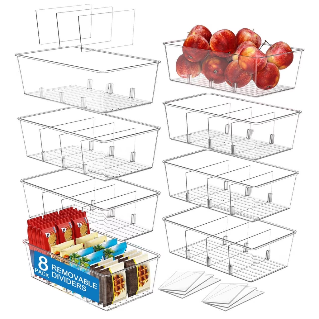 8 Pack Clear Plastic 4-Compartment Food Storage Bins, Pantry Organizer for Snacks, Fruits, Vegetables, Tea Bags and Spice Packets