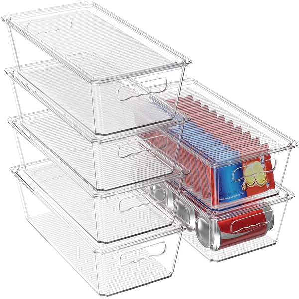 6 Pack Large Clear Plastic Storage Bins with Handles, Stackable Multi-Purpose Organizer for Pantry, Kitchen, Refrigerator and Closet Organization