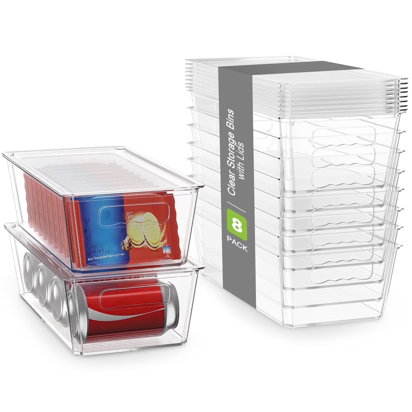 8 Pack Large Clear Plastic Storage Bins with Handles, Stackable Multi-Purpose Organizer for Pantry, Kitchen, Refrigerator and Closet Organization