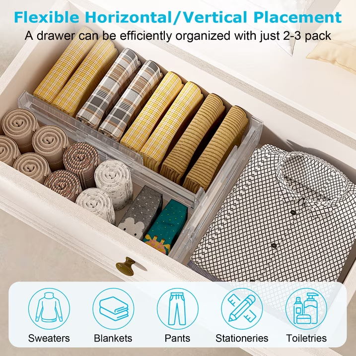 8 Pack Adjustable Drawer Dividers, 4" High Expandable from 10.2"-16.6" Plastic Separators for Kitchen, Bedroom, Closet and Office Storage Organizer