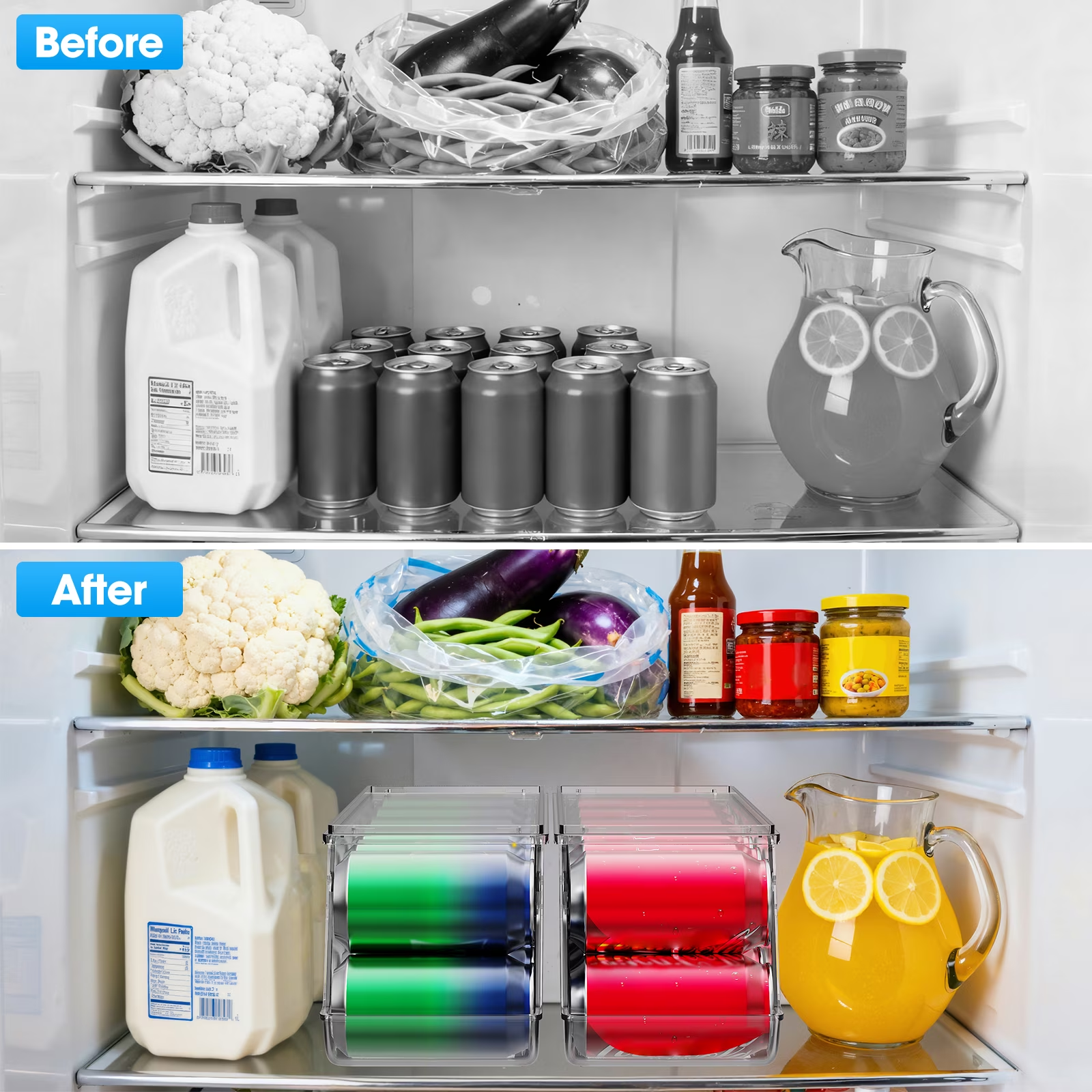 4 Pack Soda Can Organizer, Clear Refrigerator Organizer with Lids, Stackable Organizers for Pantry, Freezer, Kitchen – Holds 48 Cans
