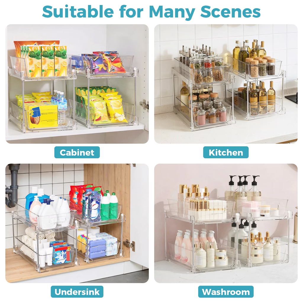 2 Pack Clear Plastic Pull Out Under Sink Organizer and Storage, 2-Tier Sliding Cabinet Drawer Bins for Bathroom, Kitchen and Pantry Organization