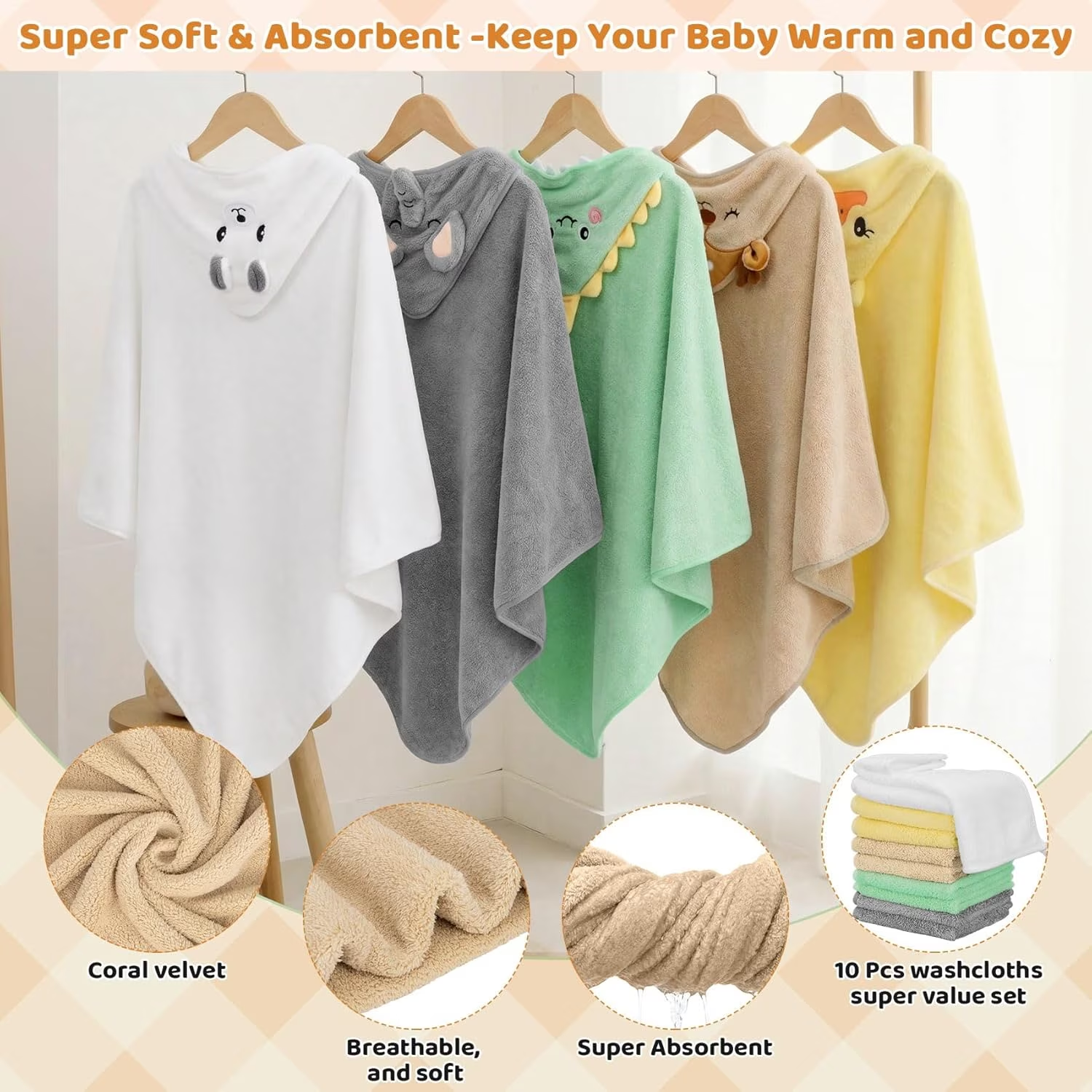 15 Pcs Baby Bath Towels Set for Infants Toddlers, 5P Animal Hooded Baby Towels & 10P Washcloths Set, Ultra Absorbent Cute Soft Newborn Bath Essentials Gifts for Boys & Girls