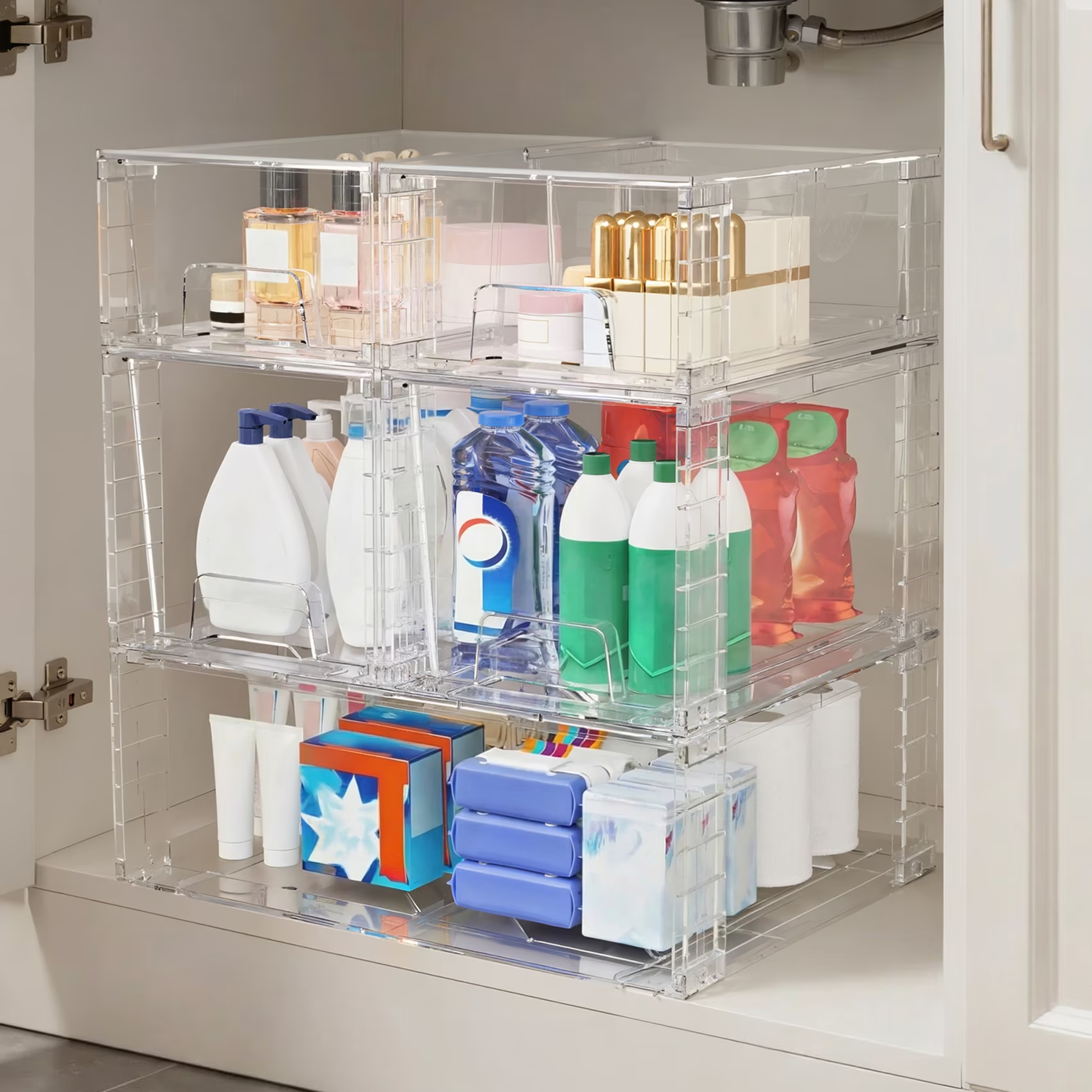 5 Pack Stackable Drawers Storage, Clear Organizer Bins Transparent Storage Containers, Bathroom Kitchen Makeup Countertop Cabinet Under-Sink Organization