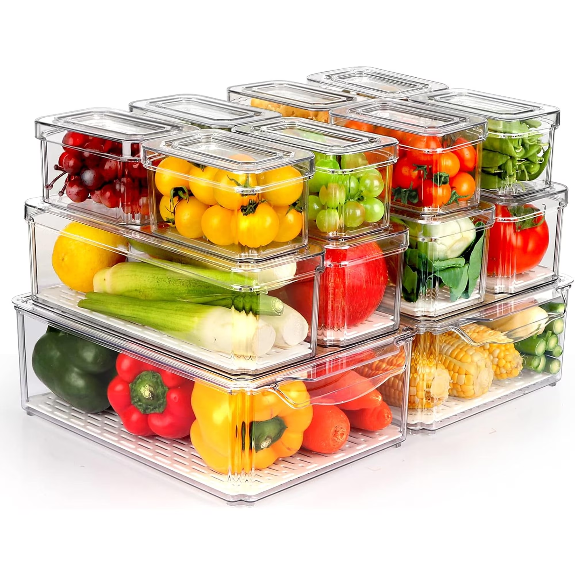 14 Pack Clear Fridge Organizers with Lids, Stackable Food Storage Containers with Drain Board, Kitchen Produce Saver for Fruit, Vegetable and Meat
